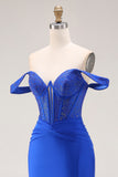 Royal Blue Beaded Corset Mermaid Off the Shoulder Long Prom Dress with Slit