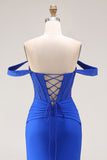 Royal Blue Beaded Corset Mermaid Off the Shoulder Long Prom Dress with Slit