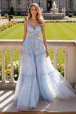 Blue Floral A Line Spaghetti Straps Long Prom Dress