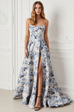Blue Flower Strapless A Line Printed Long Prom Dress with Slit
