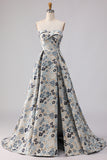 Blue Flower Printed Strapless A Line Long Prom Dress with Slit