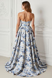 Blue Flower Strapless A Line Printed Long Prom Dress with Slit