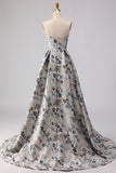 Blue Flower Printed Strapless A Line Long Prom Dress with Slit