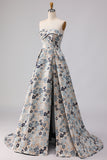 Blue Flower Printed Strapless A Line Long Prom Dress with Slit