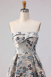 Blue Flower Printed Strapless A Line Long Prom Dress with Slit