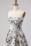Blue Flower Printed Strapless A Line Long Prom Dress with Slit