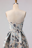 Blue Flower Printed Strapless A Line Long Prom Dress with Slit