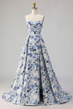 Blue Flower Strapless A Line Printed Long Prom Dress with Slit