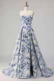 Blue Flower Printed Strapless A Line Long Prom Dress with Slit