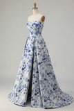 Blue Flower Strapless A Line Printed Long Prom Dress with Slit