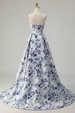Blue Flower Printed Strapless A Line Long Prom Dress with Slit