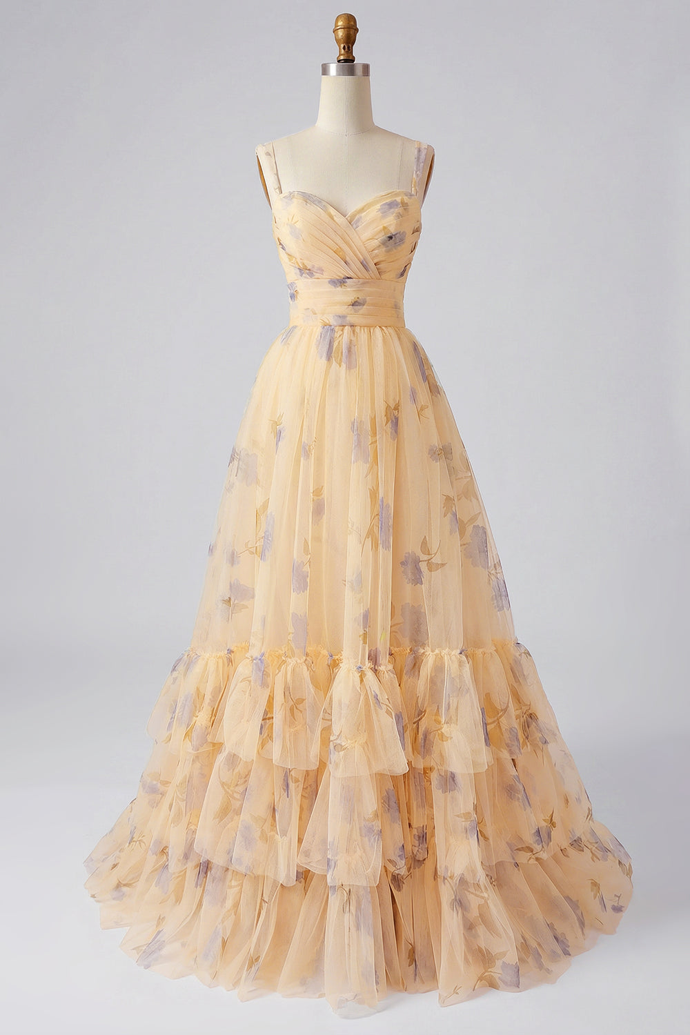 Zapaka Women Yellow Floral Long Prom Dress A-Line Pleated Spaghetti Straps Printed Tulle Formal Dress with Ruffles ZAPAKA Zapaka Women Yellow Floral Long Prom Dress A-Line Pleated Spaghetti Straps Printed Tulle Formal Dress with Ruffles ZAPAKA