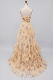 Yellow Floral A Line Pleated Printed Long Prom Dress with Ruffles