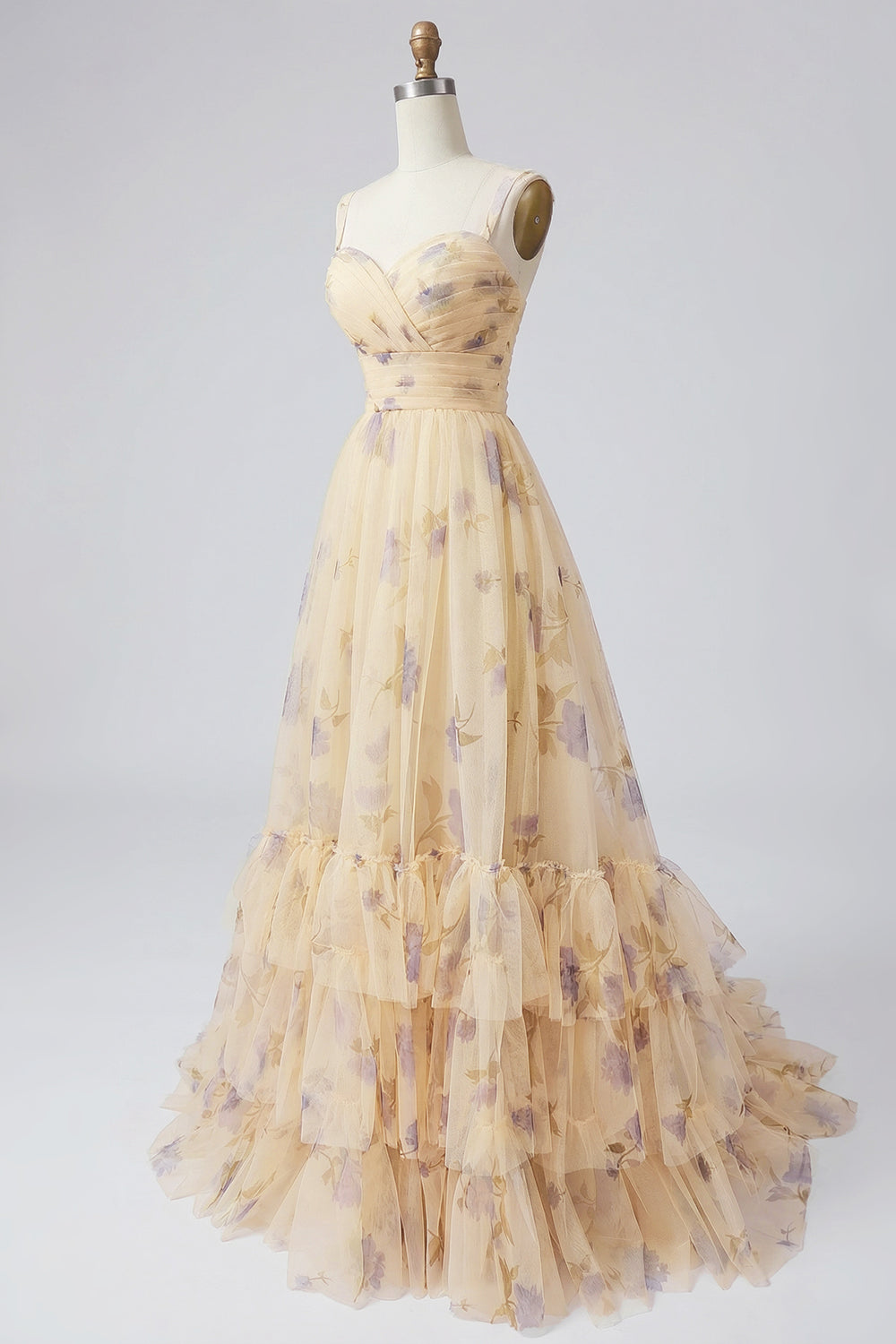 Zapaka Women Yellow Floral Long Prom Dress A-Line Pleated Spaghetti Straps Printed Tulle Formal Dress with Ruffles ZAPAKA Zapaka Women Yellow Floral Long Prom Dress A-Line Pleated Spaghetti Straps Printed Tulle Formal Dress with Ruffles ZAPAKA
