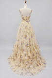 Yellow Floral A Line Pleated Printed Long Prom Dress with Ruffles