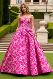 Strapless A Line Fuchsia Printed Long Prom Dress with Bow