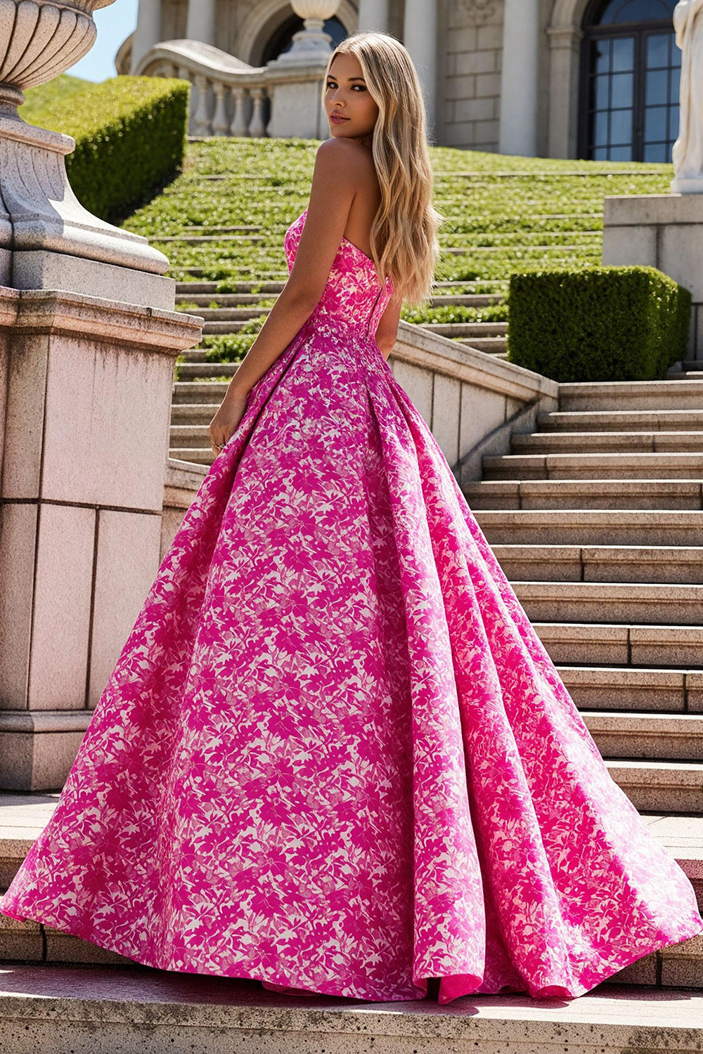 Strapless A Line Fuchsia Printed Long Prom Dress with Bow Strapless A Line Fuchsia Printed Long Prom Dress with Bow