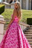 Strapless A Line Fuchsia Printed Long Prom Dress with Bow