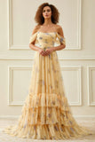 Off the Shoulder A Line Tulle Yellow Floral Long Prom Dress with Ruffles