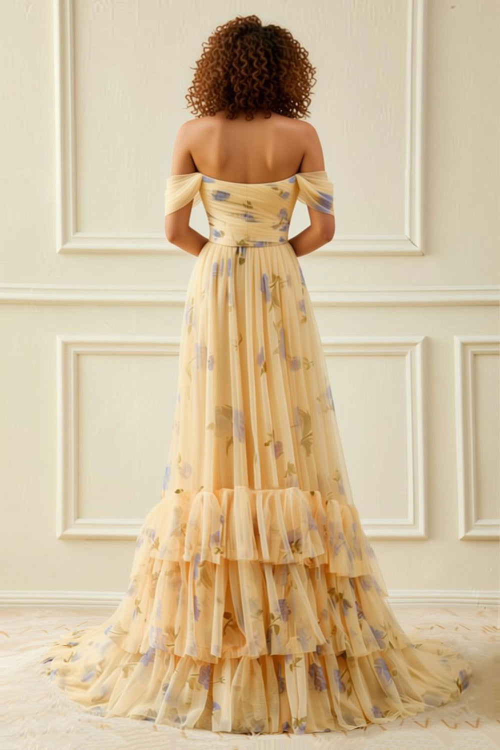 Zapaka Women Yellow Floral Long Prom Dress Off the Shoulder A Line Tulle Party Dress with Ruffles, Yellow Flower / US10 Zapaka Women Yellow Floral Long Prom Dress Off the Shoulder A Line Tulle Party Dress with Ruffles, Yellow Flower / US10