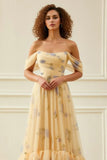 Off the Shoulder A Line Tulle Yellow Floral Long Prom Dress with Ruffles