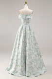Off The Shoulder Blue White Flower A-Line Printed Satin Long Prom Dress with Slit