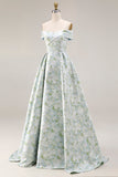 Off The Shoulder Blue White Flower A-Line Printed Satin Long Prom Dress with Slit