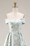 Off The Shoulder Blue White Flower A-Line Printed Satin Long Prom Dress with Slit