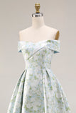Off The Shoulder Blue White Flower A-Line Printed Satin Long Prom Dress with Slit
