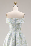 Off The Shoulder Blue White Flower A-Line Printed Satin Long Prom Dress with Slit