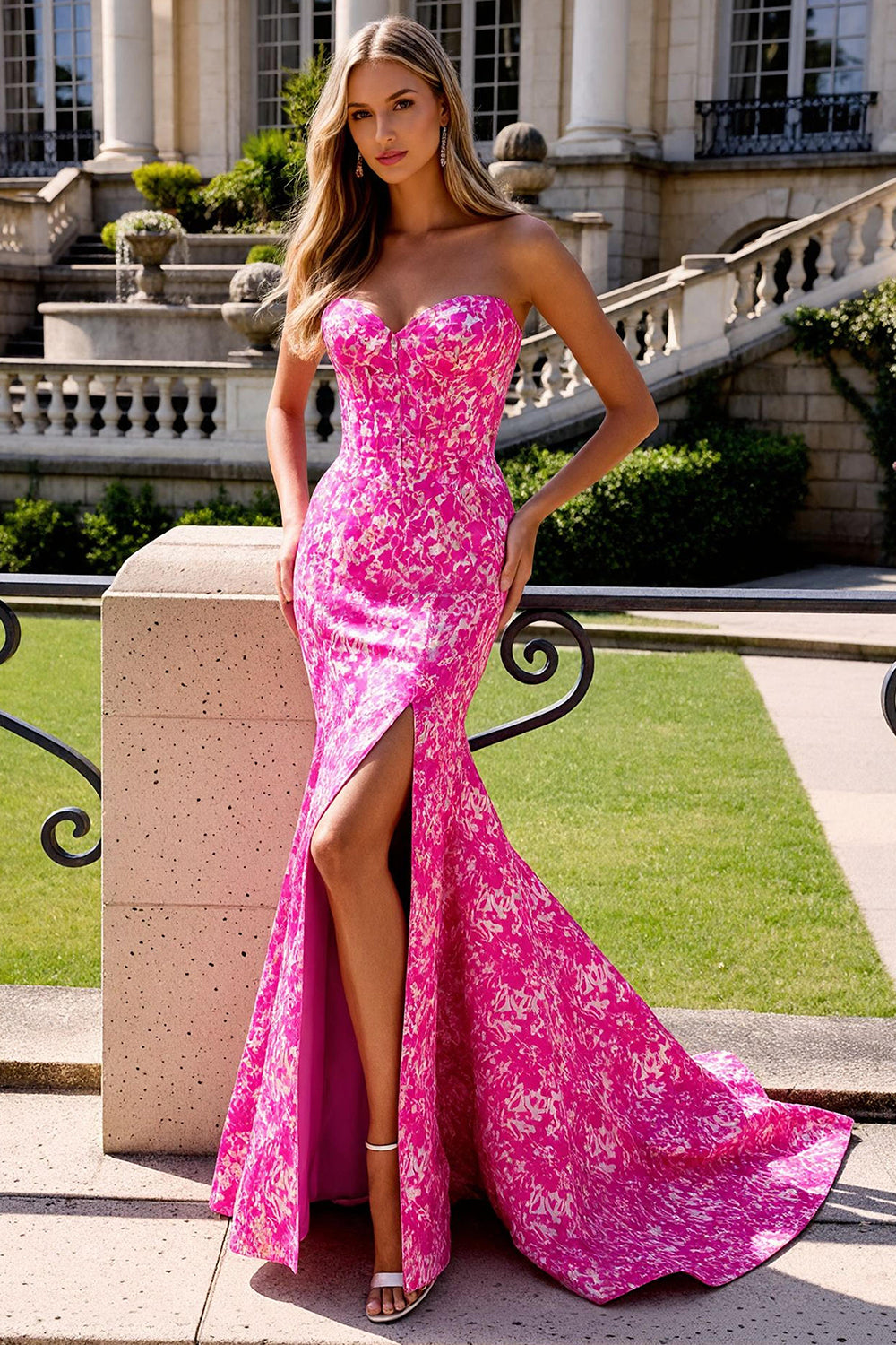 Zapaka Women Sweetheart Fuchsia Long Prom Dress Mermaid Corset Party Dress with Slit, Fuchsia Flower / US18W Zapaka Women Sweetheart Fuchsia Long Prom Dress Mermaid Corset Party Dress with Slit, Fuchsia Flower / US18W