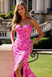 Sweetheart Fuchsia Floral Mermaid Corset Long Prom Dress with Slit