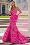 Fuchsia Floral Strapless Mermaid Long Prom Dress with Slit