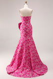 Strapless Fuchsia Floral Mermaid Side Slit Long Prom Dress with Bow