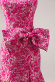 Strapless Fuchsia Floral Mermaid Side Slit Long Prom Dress with Bow