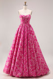 Fuchsia Flower Strapless Corset A-Line Long Prom Dress