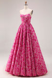 Fuchsia Flower Strapless Corset A-Line Long Prom Dress