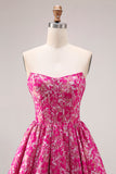 Fuchsia Flower Strapless Corset A-Line Long Prom Dress