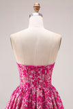 Fuchsia Flower Strapless Corset A-Line Long Prom Dress