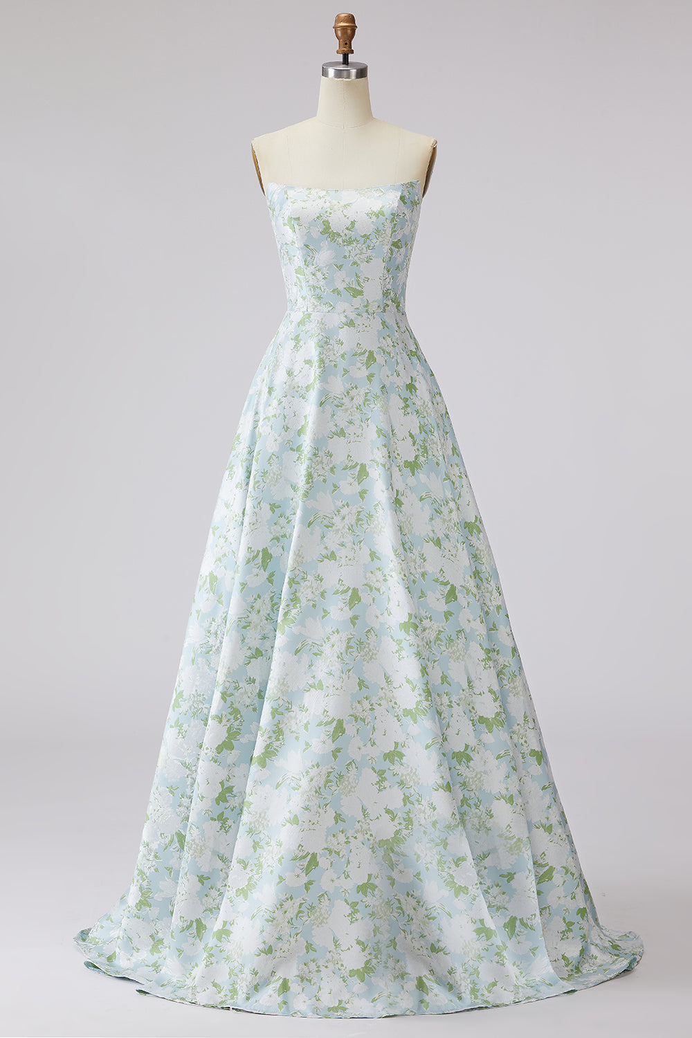 Zapaka Women Blue White Flower Prom Dress Strapless A Line Printed