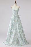 Strapless A Line Blue White Flower Printed Satin Long Prom Dress