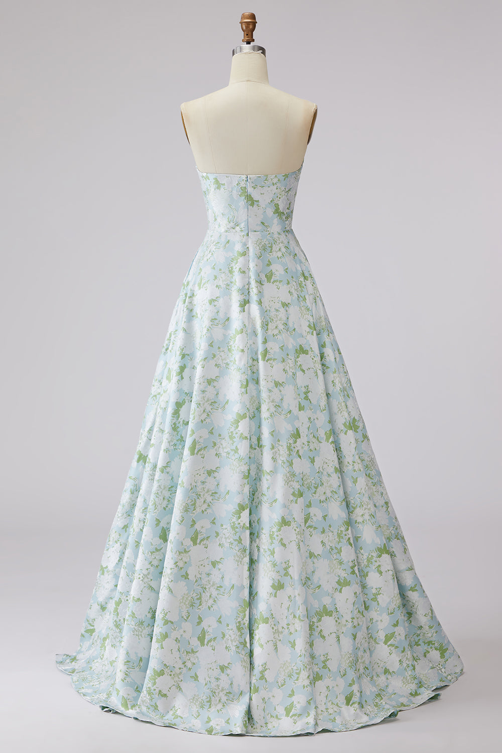 Zapaka Women Blue White Flower Prom Dress Strapless A Line Printed