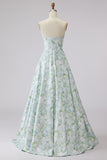 Strapless A Line Blue White Flower Printed Satin Long Prom Dress
