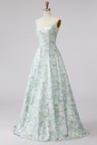 Strapless A Line Blue White Flower Long Prom Dress