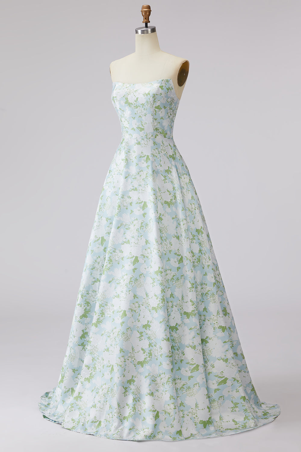 Zapaka Women Blue White Flower Prom Dress Strapless A Line Printed