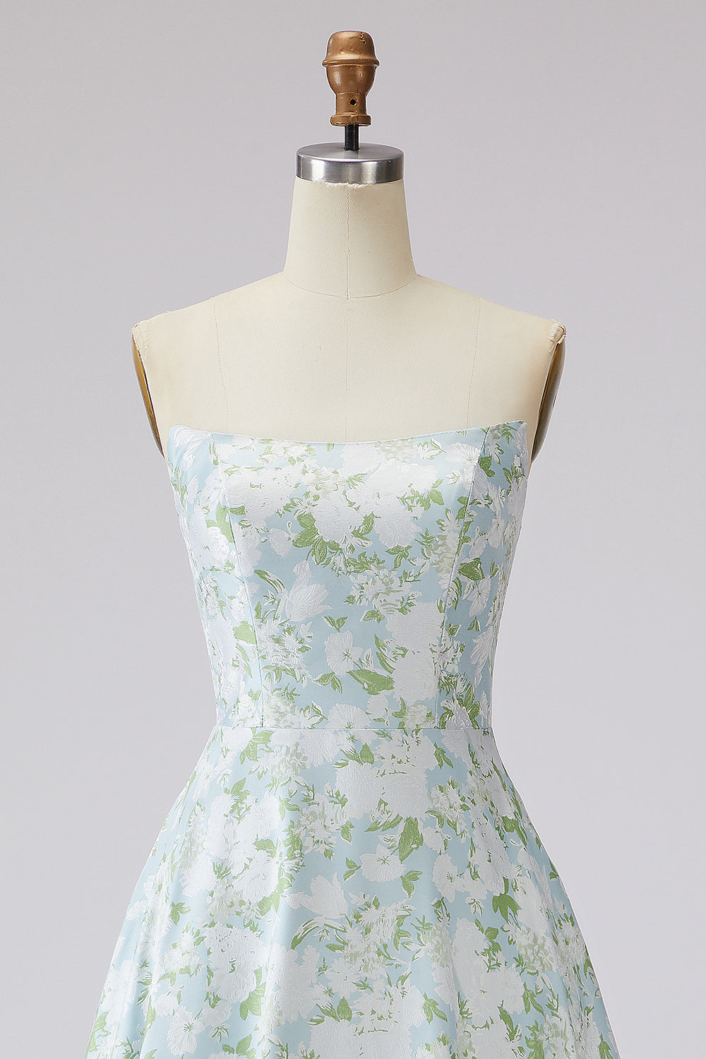 Zapaka Women Blue White Flower Prom Dress Strapless A Line Printed