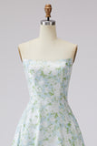 Strapless A Line Blue White Flower Printed Satin Long Prom Dress