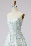 Strapless A Line Blue White Flower Printed Satin Long Prom Dress