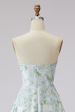 Strapless A Line Blue White Flower Printed Satin Long Prom Dress