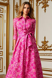 Fuchsia Flower A Line Shirt Collar Long Mother of the Bride Dress with Waist Tie